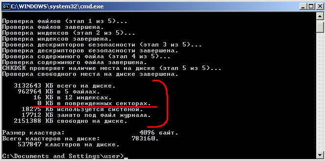 Статистика работы утилиты chkdsk